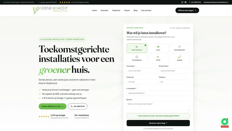 Website van Groene Kracht Installaties | airco, warmtepomp, zonnepanelen & thuisbatterij installateur | Groningen, Friesland & Drenthe