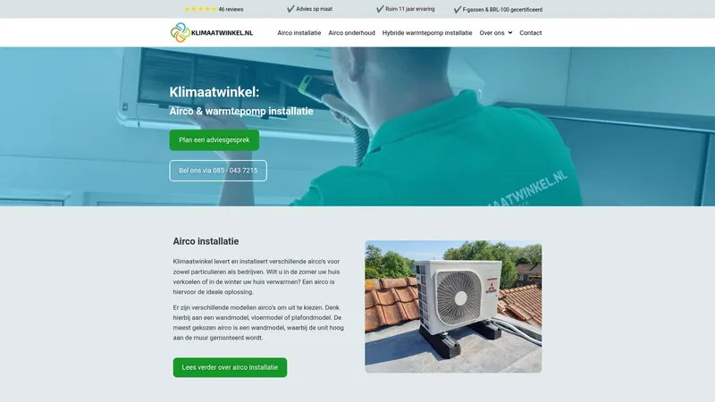 Website van Klimaatwinkel Airco & Warmtepomp Installatie